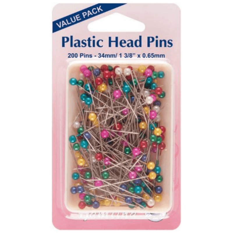 Pins with colourful plastic heads that are nickel-plated. Plastic headed hemline pins in a variety of colours.