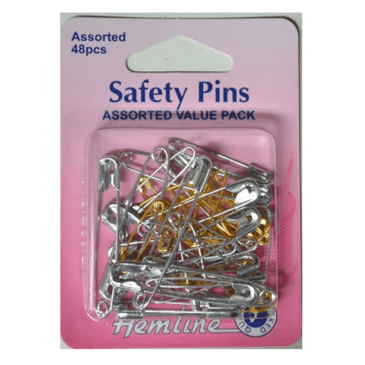 Hemline Safety Pins Assorted Value Pack 48 pieces  Assorted brass and nickel safety pins.
