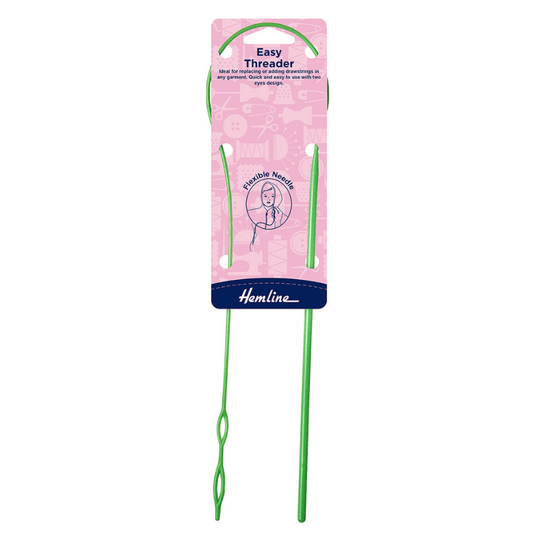 Extra-long, sturdy, and flexible threader for waistbands, anoraks, and hoods, etc. Makes a tedious task quick and simple.