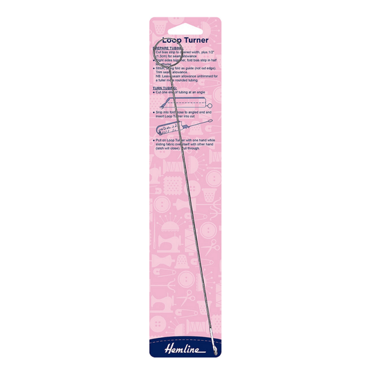 The Hemline Loop Turner is a useful tool for sewing small, stitched bits of cloth from the wrong side to the right side, such as button loops, spaghetti straps, lingerie straps, and Rouleau lengths.