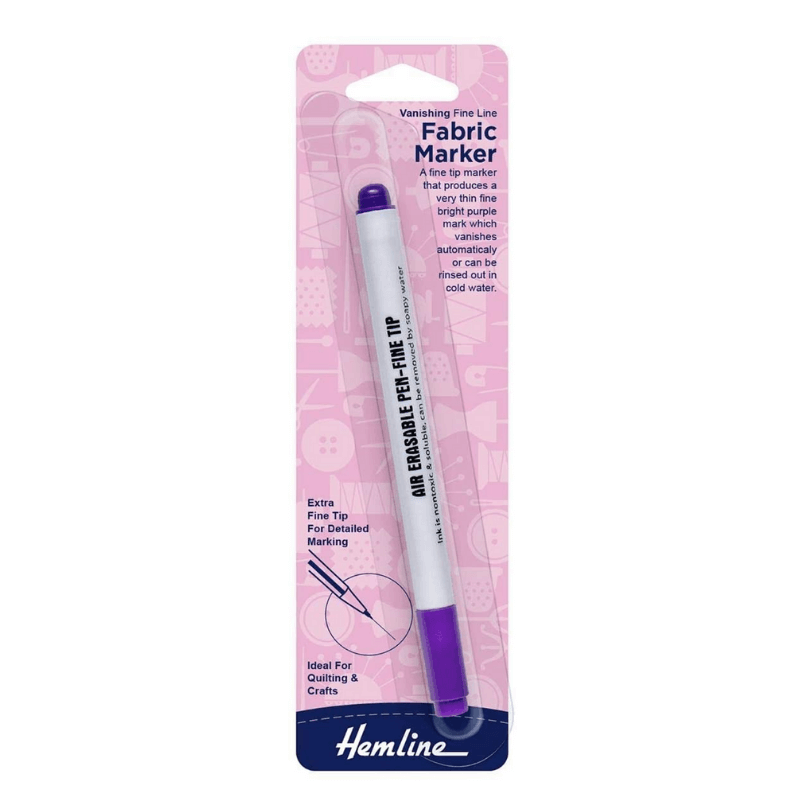 Hemline Vanishing Fine Line Fabric Marker produces a very fine bright purple mark which vanishes automatically