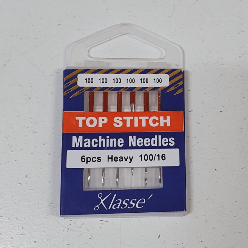 Klasse Top Stitch Machine Needles 100/16 - The extra-large eye accommodates thick topstitching thread. The extra sharp point allows the needle to penetrate easily through medium to heavy fabrics. It is best for top-stitching, sashiko & blanket stitching.