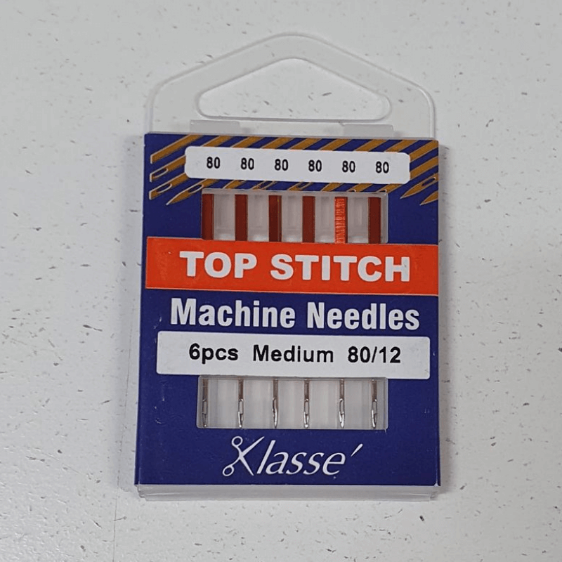 Klasse Top Stitch Machine Needles 80/12. The extra-large eye accommodates thick topstitching thread. The extra sharp point allows the needle to penetrate easily through medium to heavy fabrics. It is best for top-stitching, sashiko & blanket stitching.
