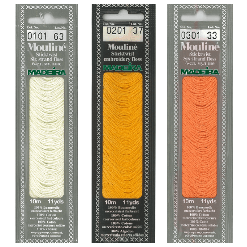 Madeira Mouline Cotton Embroidery Floss in a Packaging #0101 to #0614 - This finest of all cotton is carefully wound into spirals and placed in a smart protective blister pack which, unlike a traditional skein, keeps the Madeira Mouline tangle-free and dust-free at all times.
