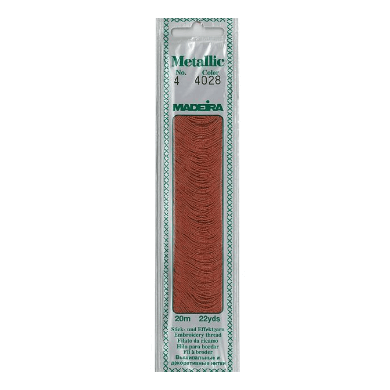 Madeira Metallic embroidery thread is very soft and supple and may be divided into four strands for easy embroidery onto different textures.