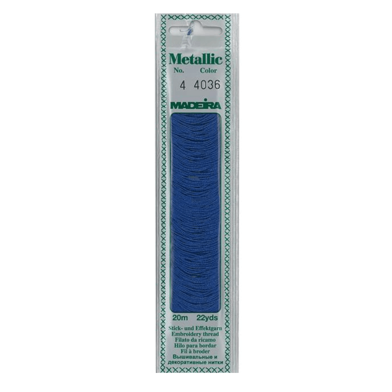 Madeira Metallic embroidery thread is very soft and supple and may be divided into four strands for easy embroidery onto different textures.