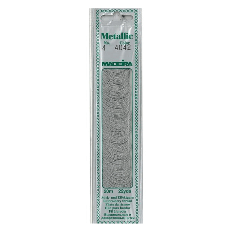 Madeira Metallic embroidery thread is very soft and supple and may be divided into four strands for easy embroidery onto different textures.