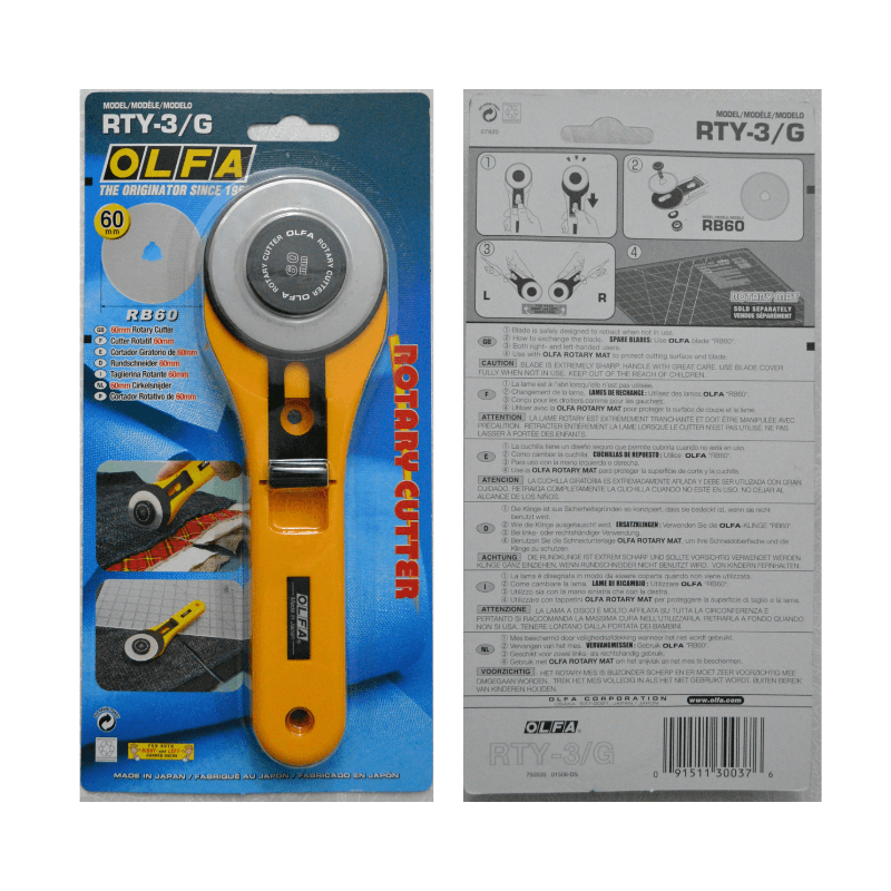 The 60mm Rotary Cutter from OLFA is designed to decrease wrist and hand fatigue. Squeeze the handle to reveal the blade and begin cutting