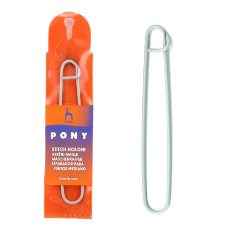 Pony Stitch Holders are a useful accessory for any knitter, and they are available in a variety of sizes to accommodate all projects and needs.  This is a necessary knitting tool for separating stitches when knitting collars, cable patterns, or when using different yarns. They close like safety pins and have a secure locking design that allows you to hold stitches without snagging your knit.