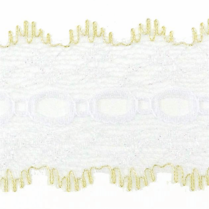 Uni-Trim Eyelet Lace gold Metallic is used to decorate coat hangers, tissue boxes, toilet roll holders, tea pot cosies, table runners and more.