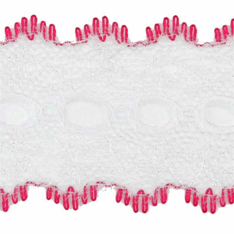 Uni-Trim Eyelet Lace Hot Iridescent Pink is used to decorate coat hangers, tissue boxes, toilet roll holders, tea pot cosies, table runners and more.
