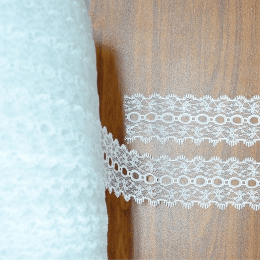 Uni-Trim Eyelet Lace Iridescent White is used to decorate coat hangers, tissue boxes, toilet roll holders, tea pot cosies, table runners and more.
