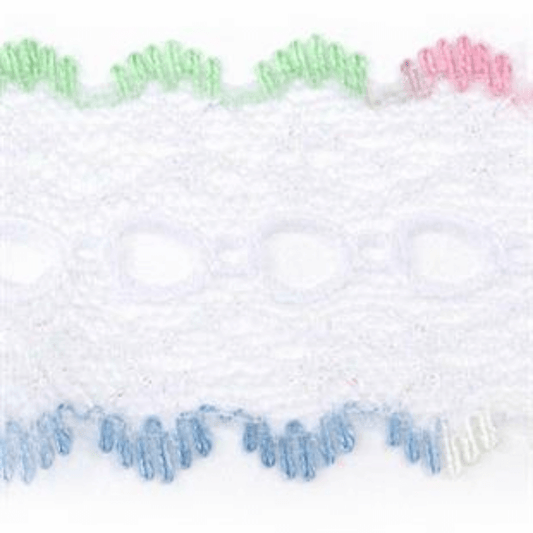 Uni-Trim Eyelet Lace Iridescent Two Tone Multi is used to decorate coat hangers, tissue boxes, toilet roll holders, tea pot cosies, table runners and more.